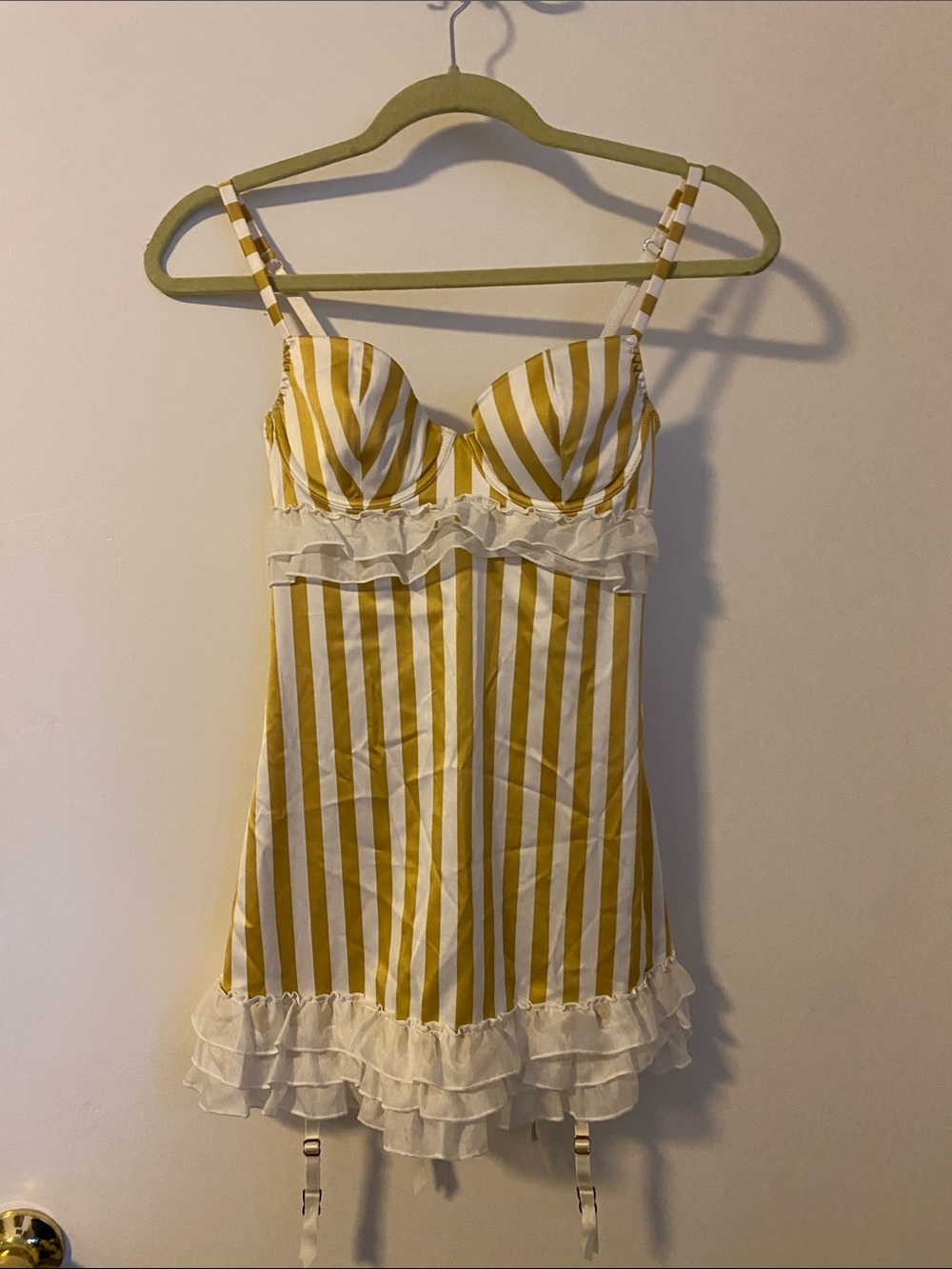 Victoria's Secret Gold & White Striped Ruffle Slip/ Dress Sexy Lingerie